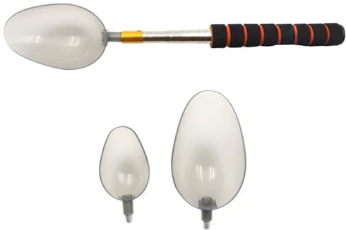 FONGKNOX Fishing Telescope Baits Casting Spoons Stainless Steel Groundbait Scoop 74cm 2.4Ft with 2 Scoops Long Distance Enhanced Bait Casting Baiting Spoon Lure Baiting Throwing Stick ISO Rock Fishing