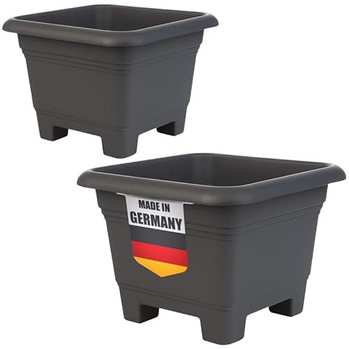 LIVINJA Lot de 2 grands pots de fleurs carrés en plastique - 38 x 38 x 28 cm - Anthracite - De qualité supérieure