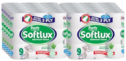 Purrfs Softlux 3ply Luxury Quilted Soft Toilet Rolls 9 Rolls (Aloe Vera, 90 Rolls)