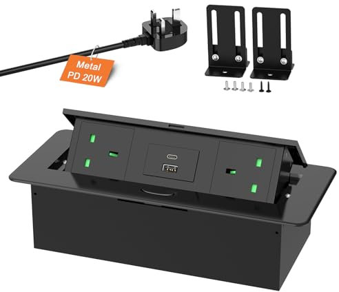 Recessed Power Strip with USB C PD20W, Ulthos Aluminum Recessed Power Socket with USB, Pop Up Sockets for Kitchen Worktops,1.8M Cable