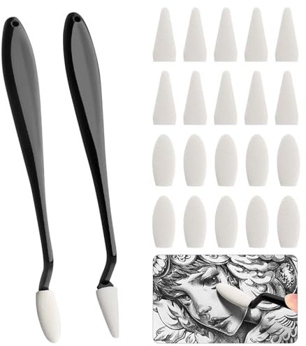 Disnace 2 Pièces Estompeur Dessin avec 20 Têtes D'éponge, Une Eponge Pour Etudiant en Art, Dessin Tête de Rechange, Crayon à Dessin Materiel, Estompe Crayon Eponge pour Esquisse, Ovale/Pointue, Noir