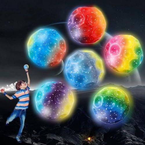 PASLFC 6 Stück MoonBall Leuchtend,Spaceball MoonBall,MoonBall Rainbow,Hohe Springender Gummiball,Super High Bouncing SpaceBall,JumpingBall Bouncing