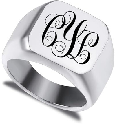 LINEMENG Personalisierte Edelstahl Siegelring benutzerdefinierte Anfangsbuchstaben Monogramm Gravur Worte für Männer Frauen Bester Freund Hochzeit Brief mit Ring Größe Adjusters