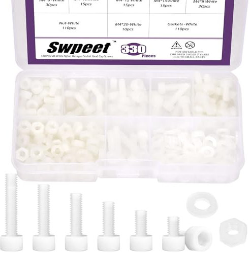 Swpeet 330 dadi M4 in 6 misure, in nylon bianco, con rondelle, kit assortito, viti a testa esagonale in plastica, bulloni a testa esagonale, bulloni in plastica zigrinata a filettatura completa,