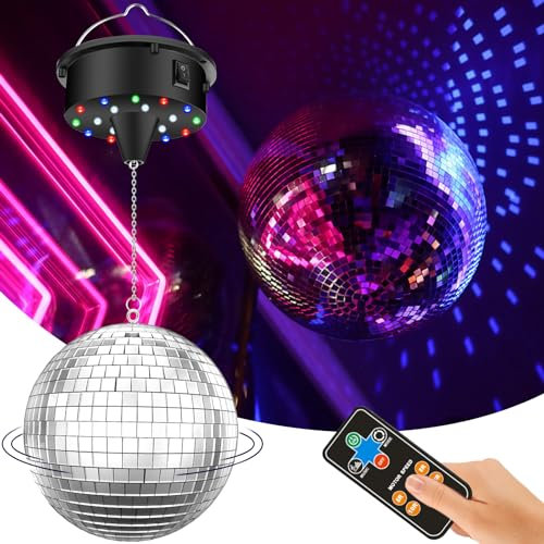 Discokugel mit Motor Aufgewertet Drehmotor Einstellbare 5/8/10/15 U/min mit 15,2 cm Silber Spiegelkugel, und 4 Farblichter, 18 LED-Perlen, Stromkabel, Fernbedienung, zum Party Disco-Lichteffekt