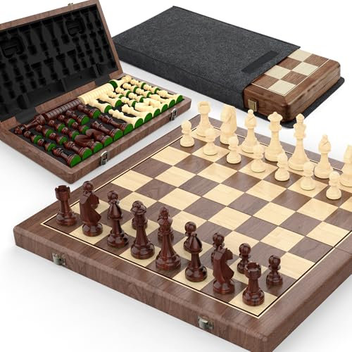 Premium 38 cm Walnuss Magnetisches Schach- und Dame-Set – 2-in-1 Faltbares Holzbrettspiel mit Staunton Figuren, 2 Extra Damen, Spielsteinen und Staubschutzbeutel (Black)