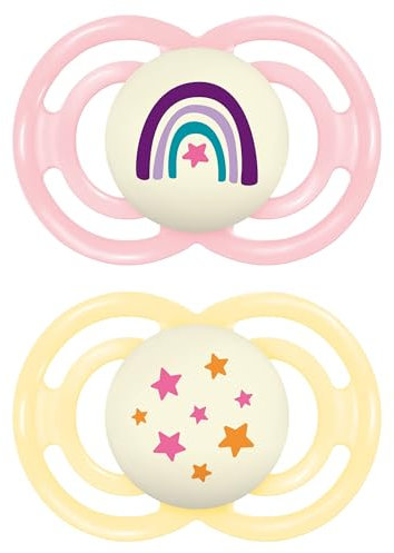 MAM Perfect Night Confezione Doppia Succhietto 16+ Mesi (Set da 2), Ciuccio MAM 16 36 mesi silicone che si illumina al buio, 2 accessori neonato per lo sviluppo orale con porta ciuccio, Rosa/Giallo