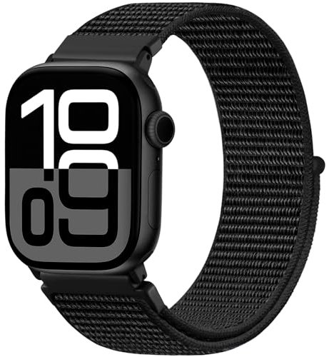 Faliogo Nylon Armband Kompatibel mit Apple Watch Armband 44mm 45mm 46mm 42mm(Series 3/2/1) 49mm, Verstellbare Solo Loop Sportarmband für iWatch Series 10 9 8 7 6 5 4 3 2 1 SE Ultra, Schwarz