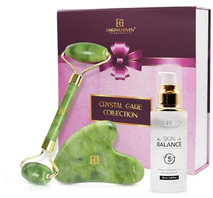 Enigma Haven London® Set di rullo di giada e gua sha, siero per la pelle 5 in 1, massaggiatore viso anti-invecchiamento, regalo di lusso per la cura della pelle per donne e uomini (con acido