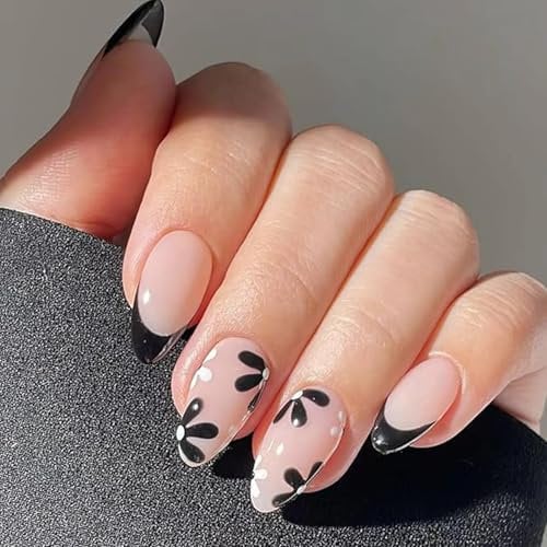 Black & White Floral Jelly Press On Nails - Short Almond False Nails, Trendy 3D Design, Soft Acrylic Stick On Nails, No Glue Needed, Reusable for Women