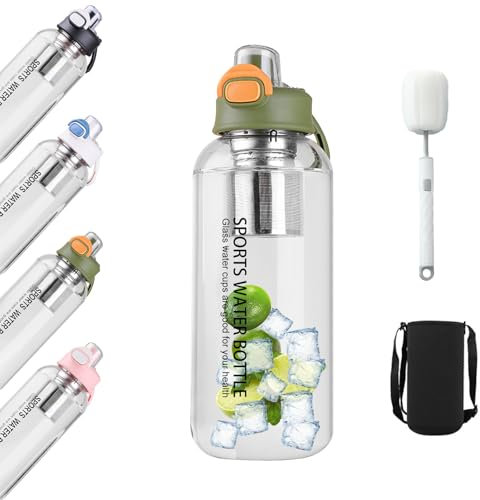 1,5 liter Trinkflasche/Glasflasche mit Filter & Bürste,Transparent Borosilicate GlasWasserflasche, Auslaufsichere Sportflasche，Wasserflasche für Fitness, Schule, Yoga, Outdoor (Green)