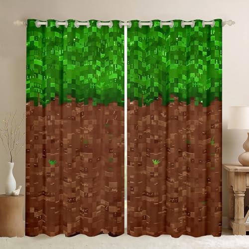 jejeloiu Pixel-Vorhang (2 Paneele, 107,7 x 228,6 cm) Kinder-Videospiel-Thema, 30 % - 50 % Verdunkelung, Grünbraun, Raumverdunkelungsvorhang, Fensterbehandlungen, Mikrofaser