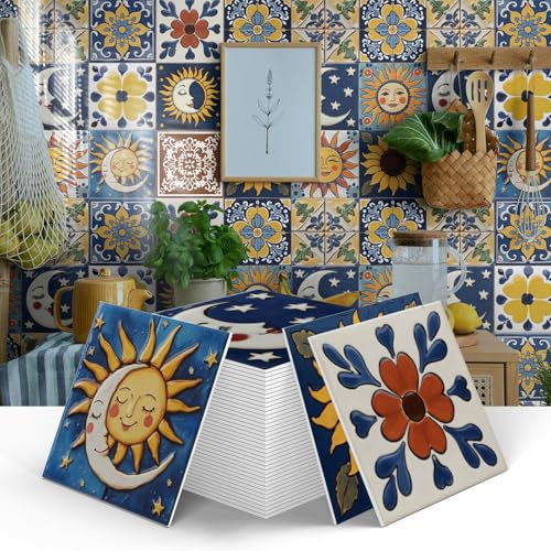 12pcs Moroccan Tile Stickers, Thicker Kitchen Bathroom Wall Tile Stickers Peel and Stick on Tile for Fireplace Surround Self Adhesive Vinyl Waterproof Mosaic Art (15cm x 15cm, 6x6 inches)