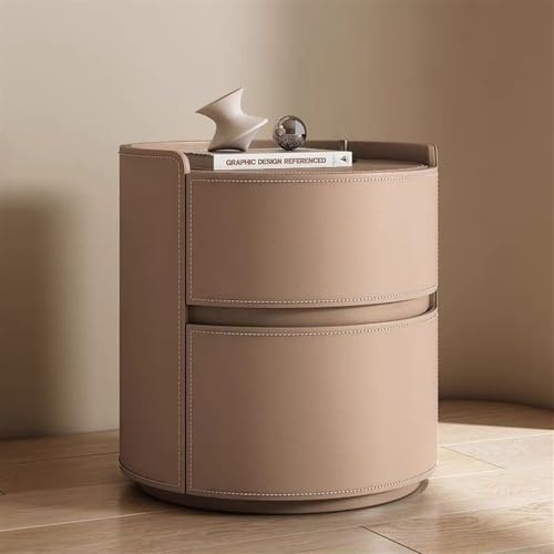HYUFEIAO Nachttisch aus Massivholz mit Sattelleder-Finish, moderner Nachttisch für Schlafzimmer mit 2 Schubladen, runder Nachttisch, kleine Kommode, helles Kaffee-Finish, 40 cm
