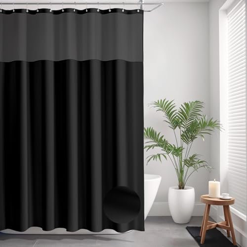 Rideau de Douche en Lin Texturé avec Fenêtre Transparente en Maille & 12 Anneaux en Acier Inoxydable, 230GSM Rideaux Baignoire Tissu Polyester Imperméable & Lavable, Ourlet Lesté, 183x183cm, Noir