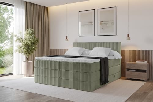 ALTDECOR Boxspringbett mit Matratze und Lattenrost, Topper, Polsterbett mit Bettkasten, Bett mit Stauraum H3- und H4- Matratze, Doppelbett, Springboxbett - TOLO King 120x200 Cord - Olive