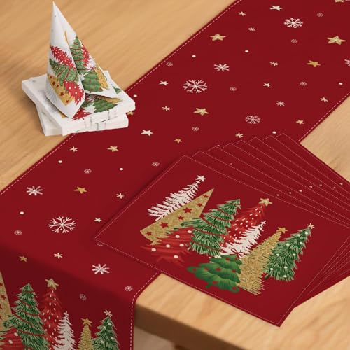 ZWJD Christmas Table Decoration Set – 1 x Table Runner (40 x 240 cm), 8 x Placemats & 2 x Pack of Paper Napkins (40 sheets), Red with Christmas Tree , Festive Décor for Winter, Room & Living Room