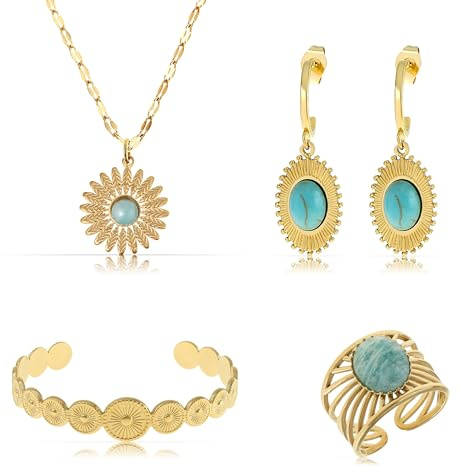Made by Nami Boho Schmuckset Halskette Gold Damen mit Anhänger + Armband Gold + Ohrringe Hängend + Verstellbarer Ring aus Chirurgischem Edelstahl Boho Schmuck Damen Wasserfest & Hypoallergen