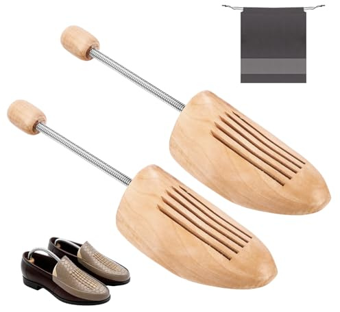 Schuhspanner für Damen und Herren, 1 Paar Holz Schuhdehner Gr. 42-46, Atmungsaktiv Knickschut, Schuhstrecker mit Metall Spiralfeder und Aufbewahrungsbeutel, für Stiefel Lederschuhe Und Sneakers