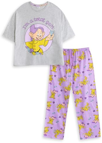 Disney Schneewittchen Dopey Damen-Pyjama-Set, grau, kurzärmlig, langbeinig | „I'm a Little Dreamer“-Aufdruck | Cartoon-Nachtwäsche für die Schlafenszeit | Bequeme Nachtwäsche Merch
