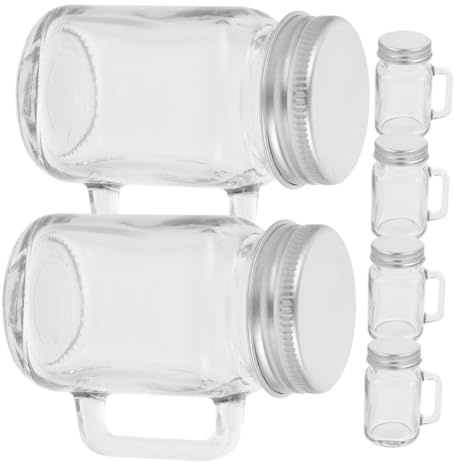 Homoyoyo 6pcs Mini Mason Glass Jars Handles and Lids 60ML Airtight Spice and Jam Storage Jars for Beverages, Desserts, and Honey Portable Glass Cups