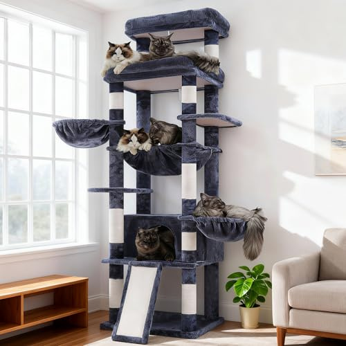 Hey-brother 182 cm Stabil Kratzbaum, für ausgewachsene großeKatze, MPJ080G | mehrstöckiger Katzenbaum mit 2 Grosse liegefläche, 3 Hängematten, Höhle, 2-in-1-Sisalkratzbrett, Plüschbällen, Rauchgrau