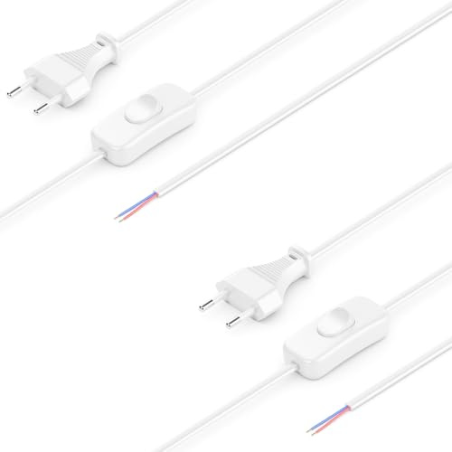 deleyCON 3,0m Euro-Netzkabel mit Schalter, 2 Stück - Weiß | Stromkabel, Ersatzkabel, Anschlusskabel, Zuleitung mit flachem Typ C Euro Stecker, für Leuchten, Lampen und Leuchtmittel