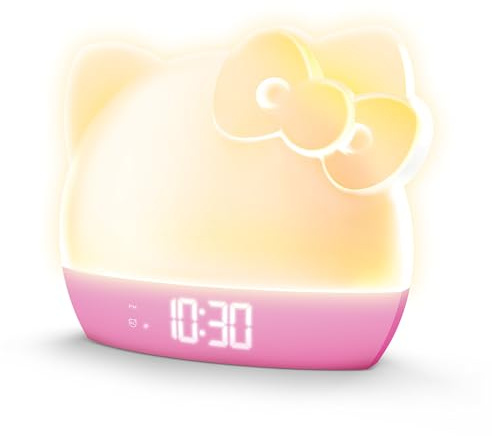 Hello Kitty Sunrise Alarm Clock with Color-Changing RGB LED Night Light – Ambient Lighting, Time/Date/Temperature Display, USB Powered w/Device Charging, Pink