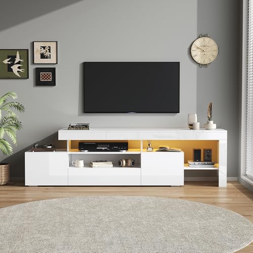 ModernLuxe Mobile Porta TV Bassa 192 * 37 * 53 cm con 3 Ante, con Illuminazione a LED, Tavolo TV Lucidi per 85 Pollici, Mobile Soggiorno Bianco