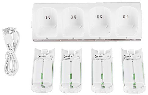4 In 1 Charging Station for Wii Controllers, Wireless Charger Dock with 4Pcs 2800mAh Rechargeable Batteries, LED Indicator for Wii Uremotes, USB Cable Included, Compact Design for