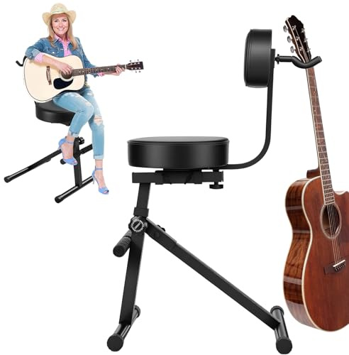 Mitoydoe Klappbarer Gitarrenhocker mit Rückenlehne und Instrumentenhalter, robuster, gepolsterter Musikerstuhl – ergonomische, höhenverstellbare Bank integrierter Fußstütze für akustische Schw