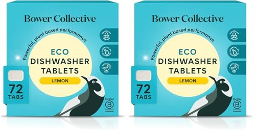 Bower Collective Eco Dishwasher Tablets 144 Pack, Plastic Free Natural Dishwasher Pods, Plant Based, 87% Naturally Derived, Biodegradable Water Soluble Wrapper