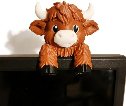 Cute Highland Cow Monitor Buddy Desk Decor, 3d Printed Highland Cow Computer Monitor Topper, Adorable Mini Farm Animal Figurine, for Computer Monitors TV Plant Displays Decoration (#A)
