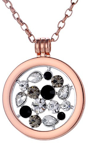 Morella Damen Halskette Rosegold 70 cm Edelstahl mit Anhänger und Coin 33 mm Glitzerwelt schwarz Silber in Schmuckbeutel
