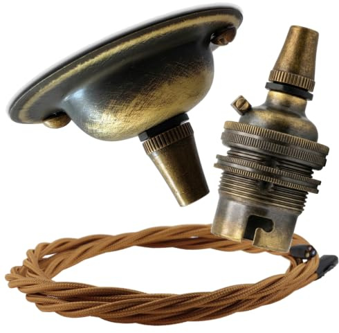Antique Brass Ceiling Rose Pendant Light Fitting Kit | 1m Cloth Braided Twist Flex (Antique Gold)