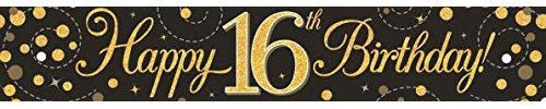 OAKTREE UK 625518 Banner Sparkling Fizz 16th Birthday Black & Gold holografisch