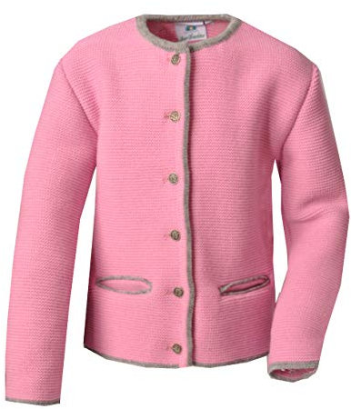 Isar-Trachten Cardigan per bambini, motivo bavarese, a maglia, a contrasto, grigio chiaro, taglia 68-176, Grigio, rosa e rosa., 74 cm