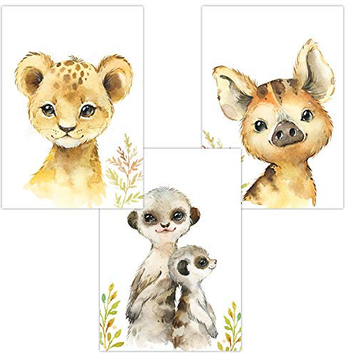Olgs Kinderzimmer Bilder 3er Set | Poster Deko Wandbilder Safari Wandposter DIN A4 | Wanddeko für Babyzimmer | Babys Löwe Erdmännchen Wildschwein
