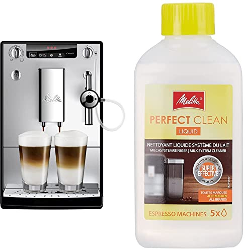Melitta Caffeo Solo & Perfect Milk E957-103 Schlanker Kaffeevollautomat mit Auto-Cappuccinatore | Automatische Reinigungsprogramme | Silber & 202034 Perfect Clean Milchsystem Reiniger, 250 ml