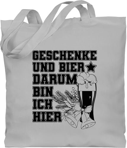 Baumwolltasche - Weihnachten Christmas Bekleidung - Geschenke und Bier darum bin ich hier - schwarz - Unisize - Hellgrau - tragetasche weihnachtsmotiv beutel tote bag weihnacht jutetasche weihnachts