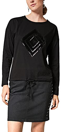 comma Casual Identity Damen Langarmshirt mit Pailletten Black Sequins 40