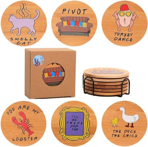 Friends Dessous de Verre, Pouluole Friends Coasters, Friends Goodies, Friends sous-Verres en Bambou, Friends Serie Décoration, Cadeaux de Friends Serie TV, Pendaison de Crémaillère (6pcs)