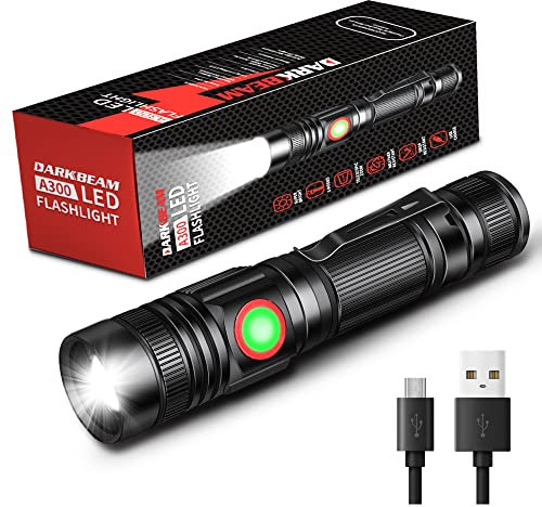 DARKBEAM Lampe Torche LED Rechargeable USB 2000 Haute Lumens, Petites et Lumineuses Lampes de poche, Focus Réglable Résistant à l’eau Lumière Blanche Portable Pour Camping, Extérieur, Urgence