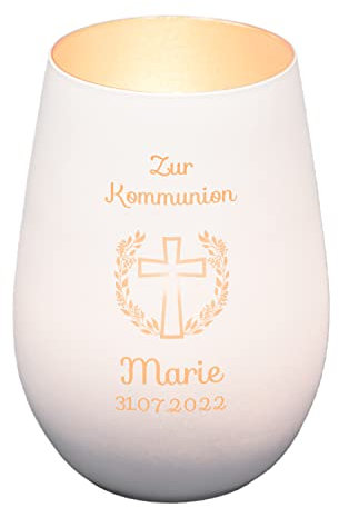 Windlicht mit Gravur zur Kommunion | Weiß/Silber | Kreuz mit Blumenkranz | Personalisiertes Kommunionsgeschenk Junge Mädchen Buben | Tischdeko und Geschenk zur Erstkommunion | Teelichthalter