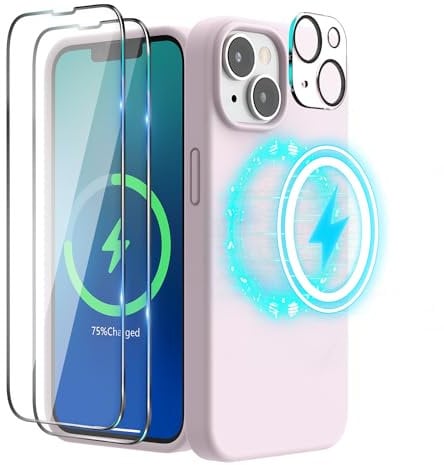 SURPHY Magnetic Silicone Case Designed for iPhone 14 Case, with 2 Pack Screen Protector + 1 Pack Camera Lens Protector, Liquid Silicone Compatible with MagSafe for iPhone 14 6.1 inch, Chakl Pink
