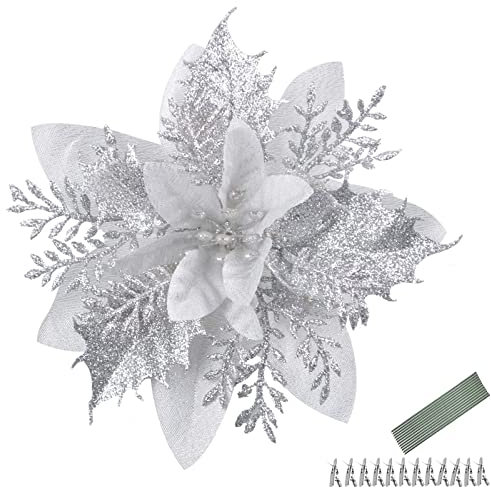 Morofme 12 pezzi 5,5 pollici stelle di Natale artificiali fiori di Natale con clip e steli scintillanti decorazioni per albero di Natale per ghirlande di Natale, festività, decorazioni stagionali