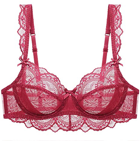 Women's Lace Balconette Bra Underwire Non-Padded Soft Cup Comfort Everyday Bras, Red, 40C