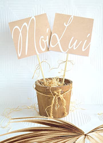 Lot de 2 Pancartes jeu Elle, Moi/Lui, Moi Avec 30 questions OFFERTES - Jeu de Mariage, Animation, lot de 2 Pancartes carrées, DoubleTige en bambou -Animez Votre Mariage avec Éclat -