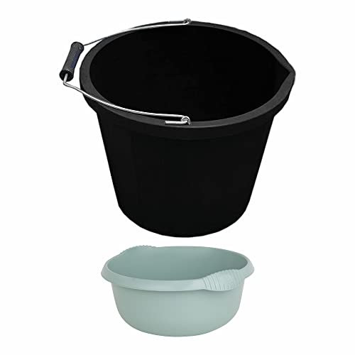 𝐒𝐄𝐓 𝐎𝐅 3 Gallon Strong 14L Plastic Builders Bucket With 28cm Round Washing Up Bowl Wash Basin Tub Vegetable & Fruit Cleaning For Daily Needs in Kitchen Garden (Black)