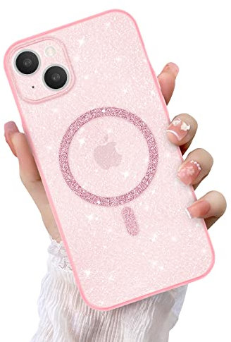 Newseego Glitter Clear iPhone 14 Plus Case for Girls Women [Compatible for MagSafe], Magnetic Phone Case Cute Sparkly Bling Slim Shockproof Camera Protection Bumper Cover for iPhone 14 Plus-Pink